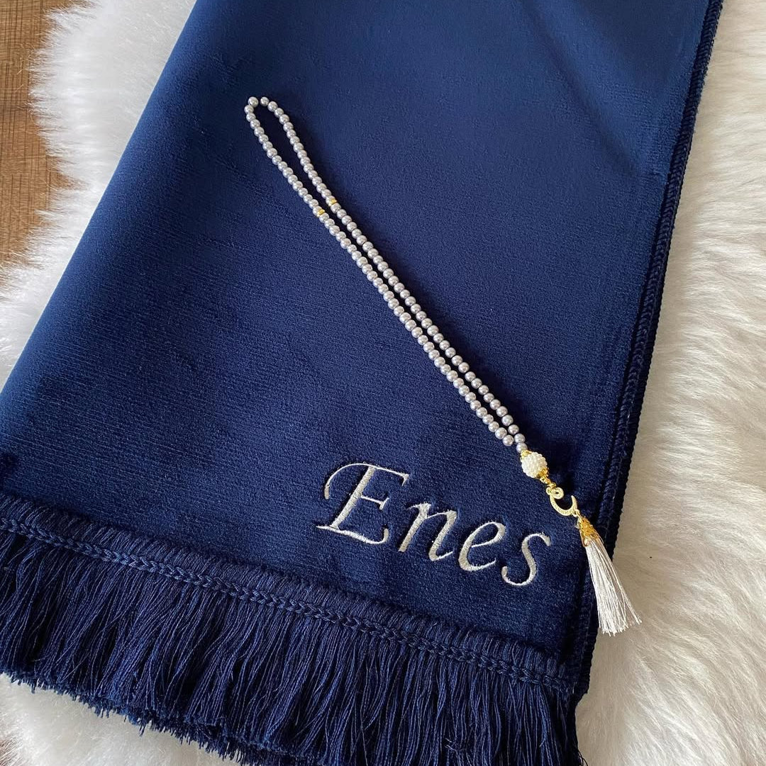 Kişiye Özel İsimli Kadife Seccade Lacivert
